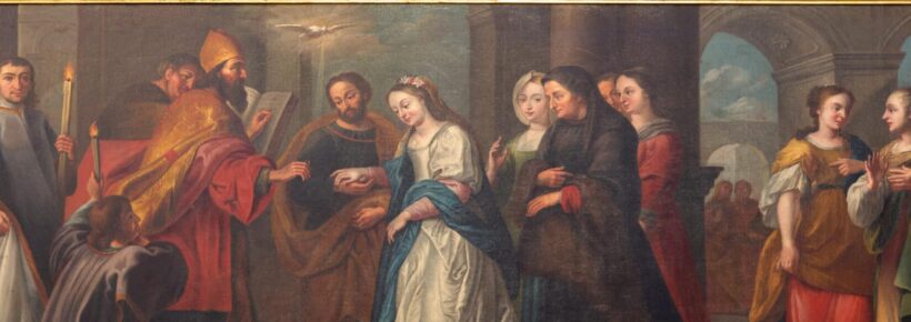The Holy Family's example of marriage. The painting of Wedding of Virgin Mary and St. Joseph in church Kostel Svatého Havla, Prague, Czech Republic, by unknown Baroque artist.
